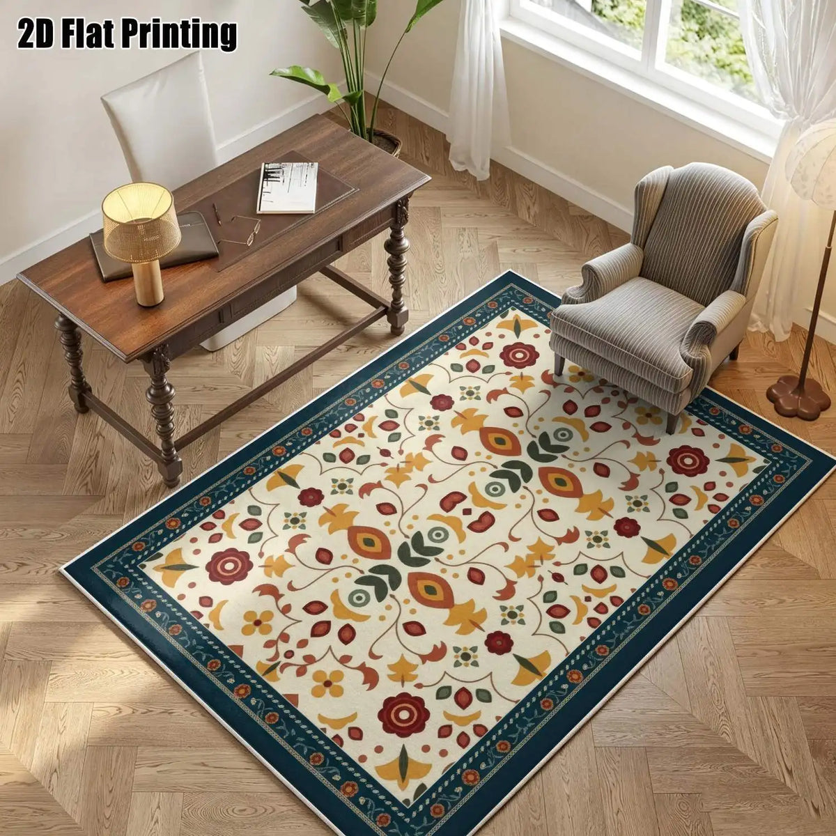 Beige Floral Velvet Rug