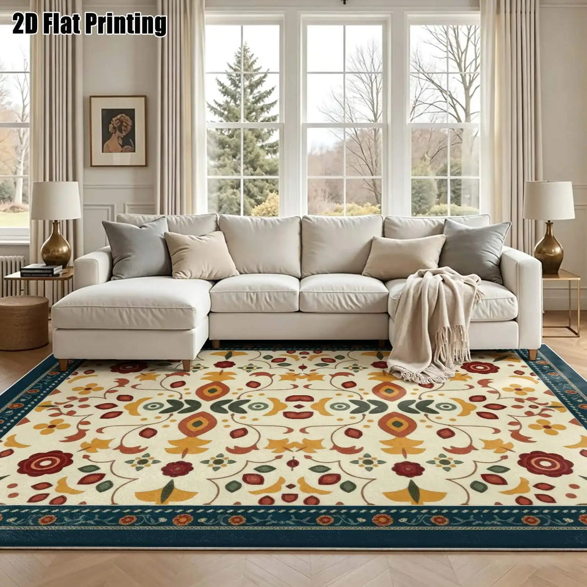 Beige Floral Velvet Rug